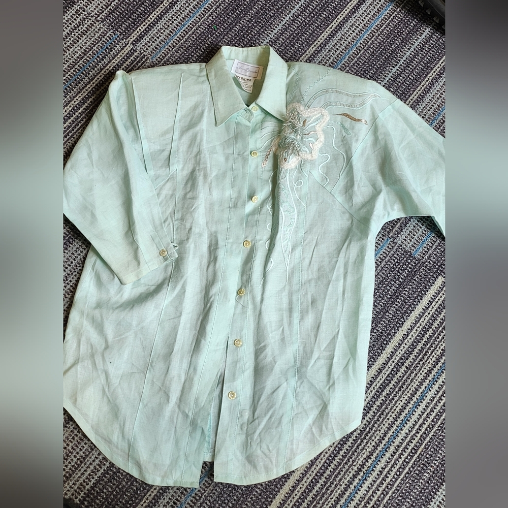 Vintage Anne French Light Turquiose Textured Abstract Blouse